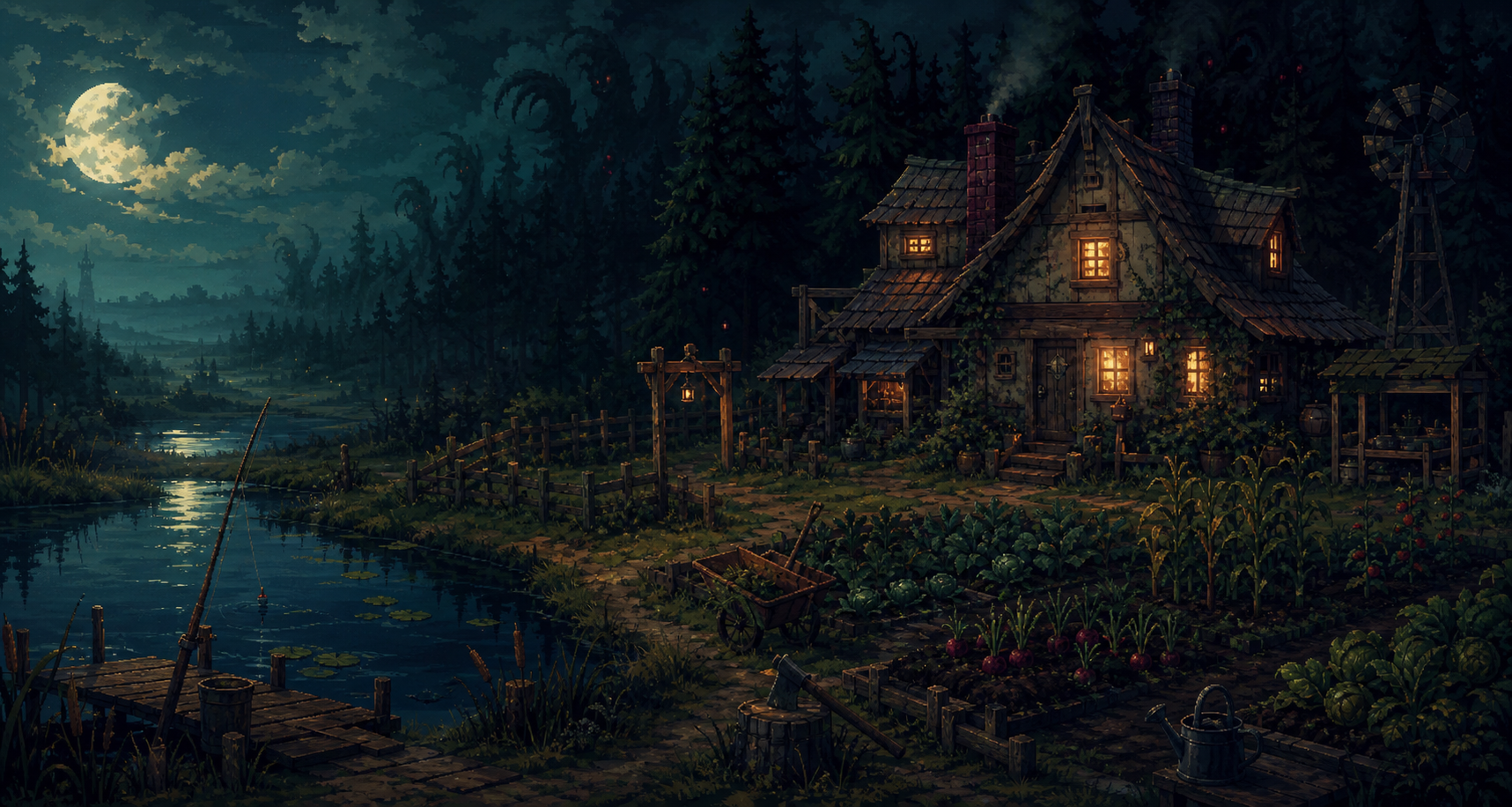 A moonlit strange farmhouse with crops, a pond, handmade tools, and shadowy woods